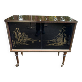 Illuminated bar cabinet Hollywood Regency black and gold 1970