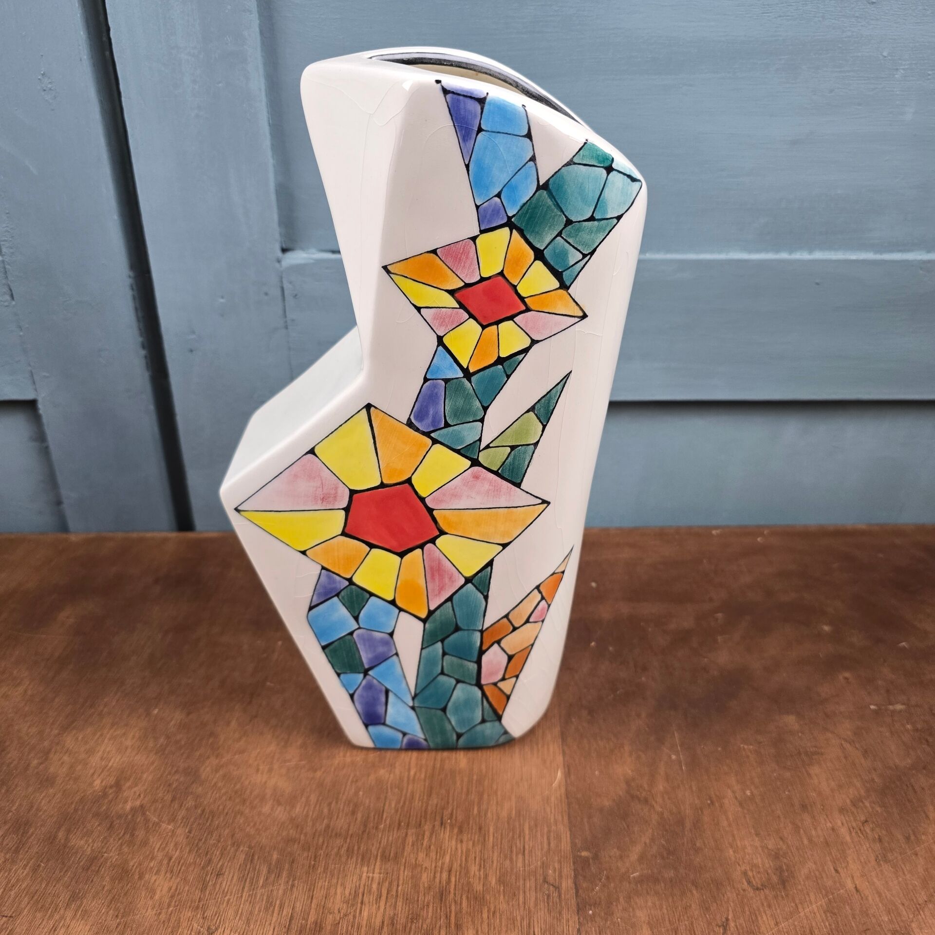 Ceramar vase, artistic ceramic, colourful mosaic pattern.