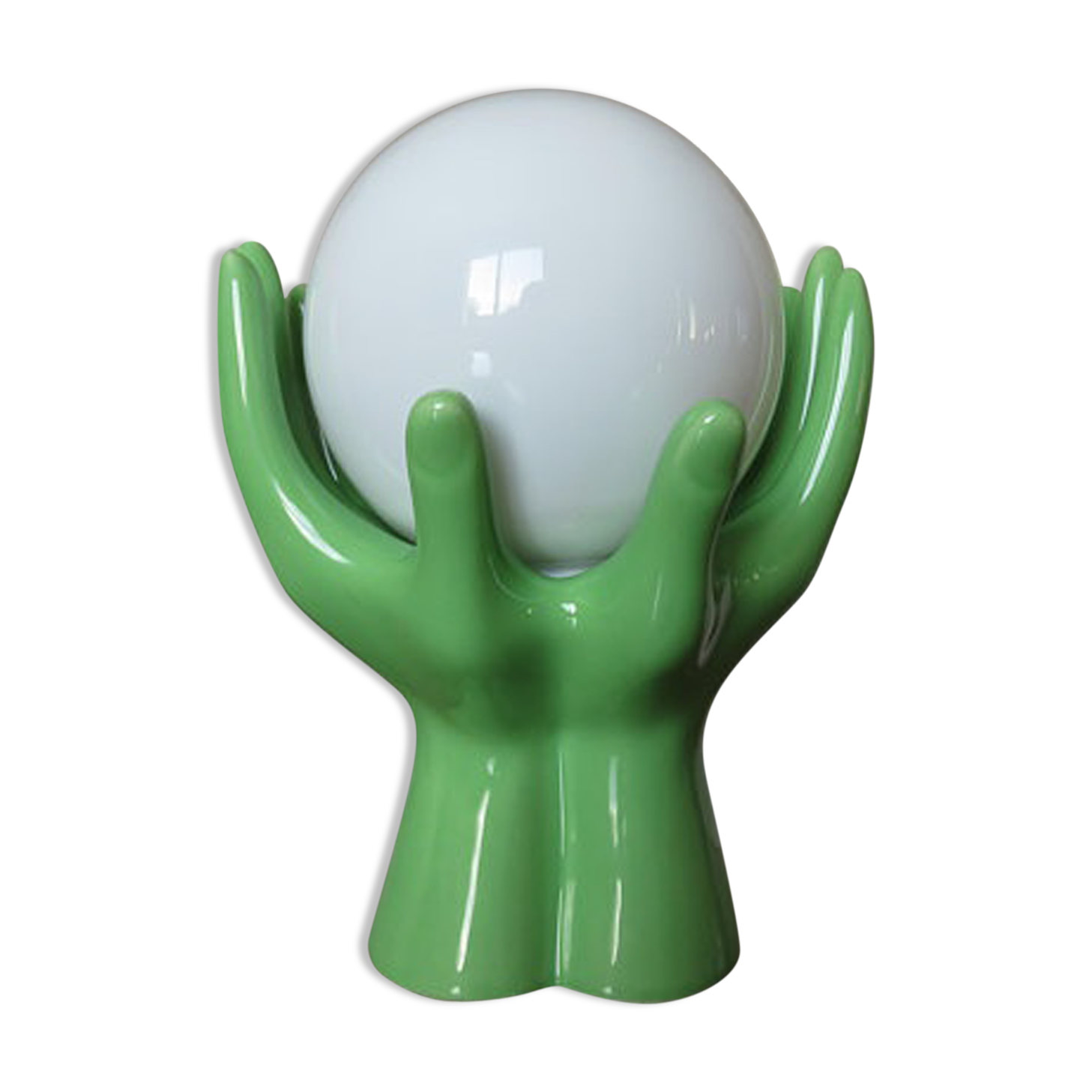 Hand green ceramic lamp and opaline white years 70