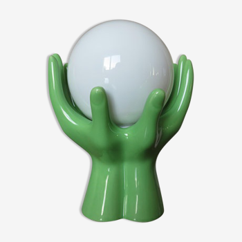 Lampe main en céramique verte et opaline blanche années 70
