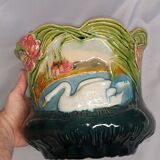 Cache-pot ancien barbotine décor aux cygnes pot à fleurs art nouveau