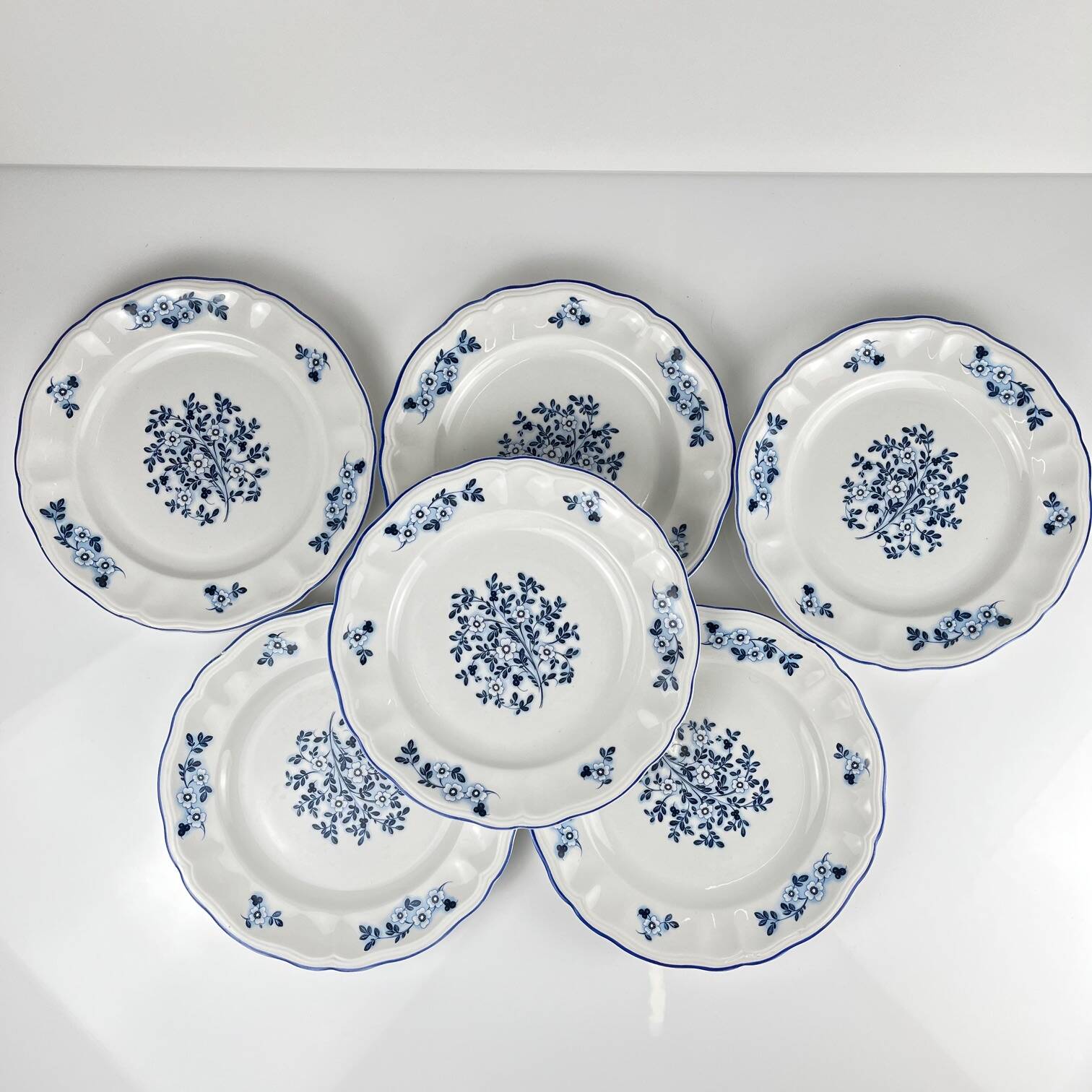 6 assiettes à dessert Fleurs bleues, KG Lunéville