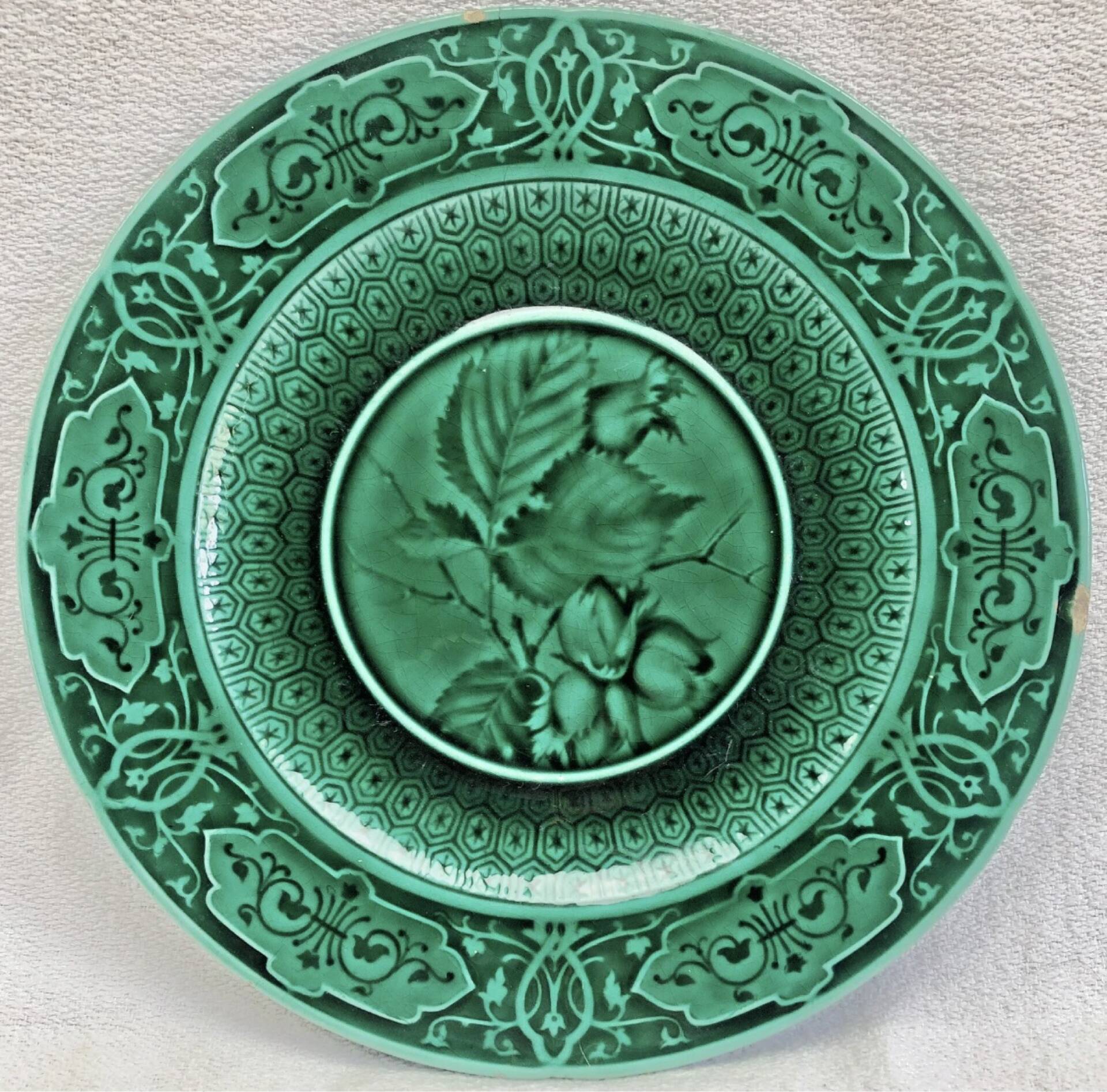 3 fruit plates Sarreguemines majolica shaded enamel Rubelles