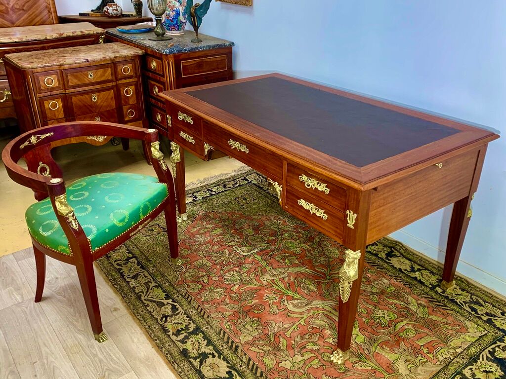 Empire style desk return from egypt double sided in mahogany and gilded bronzes year 1900