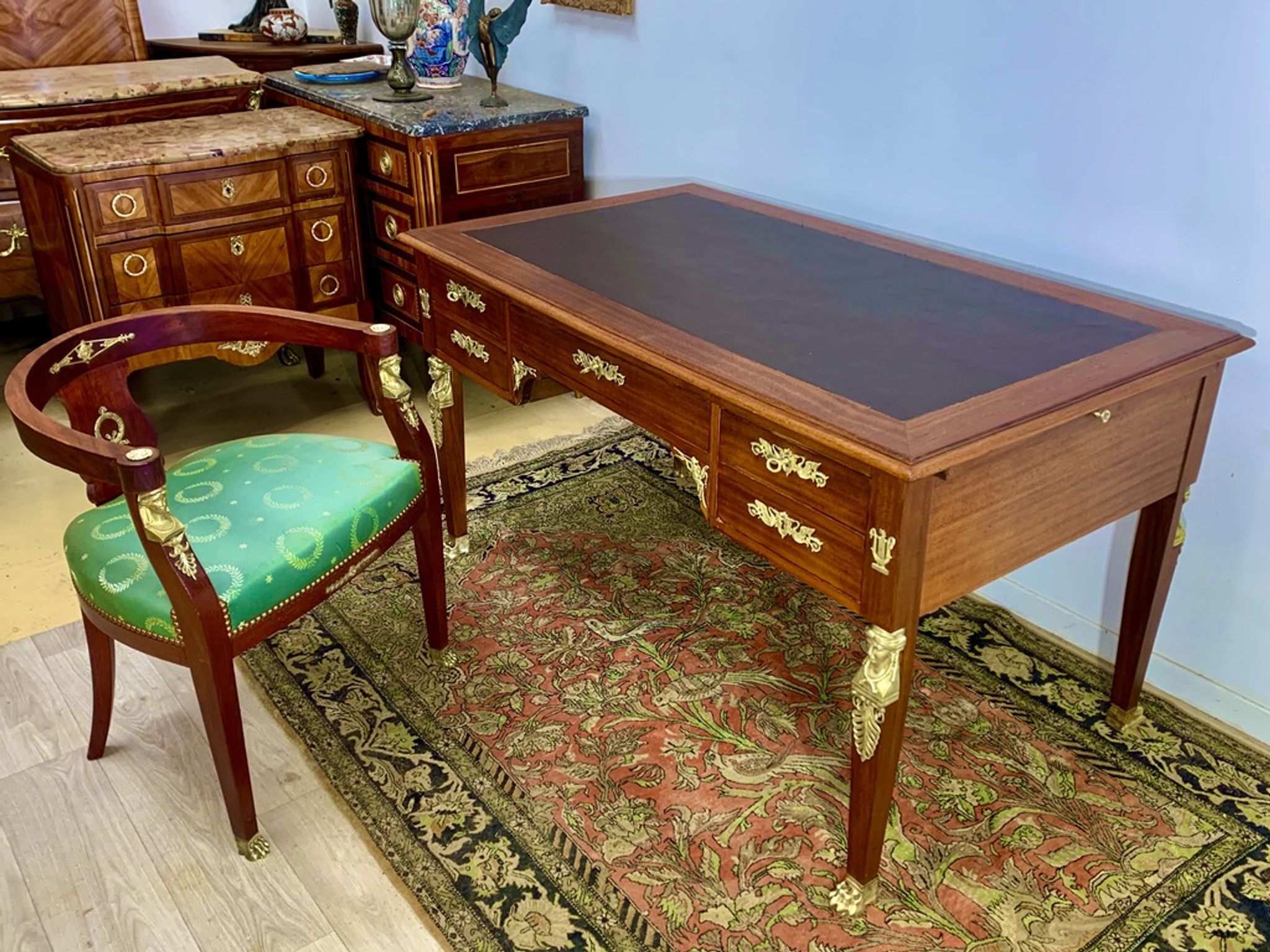 Empire style desk return from egypt double sided in mahogany and gilded bronzes year 1900