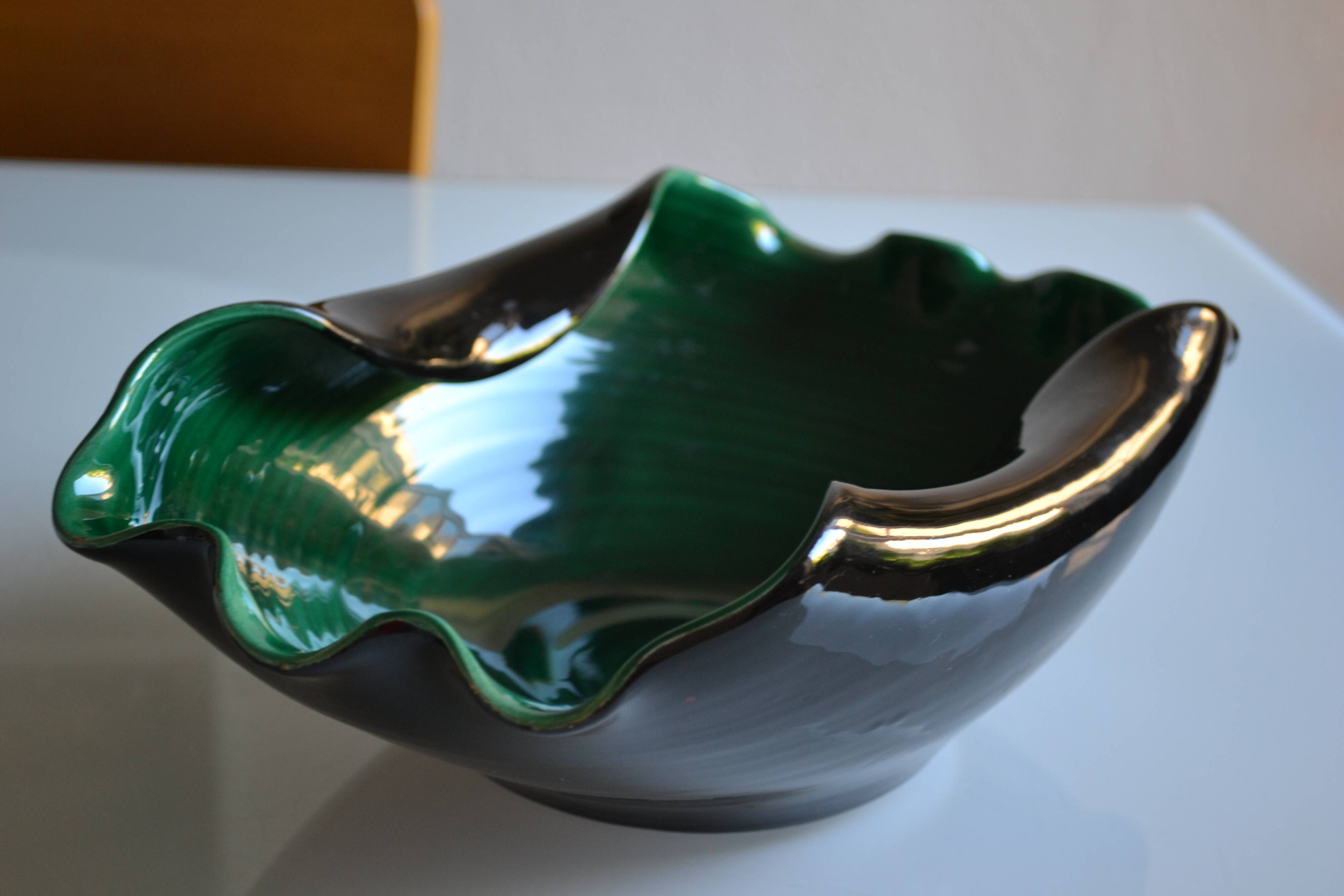 Grande coupe à fruits en céramique vert et noir années 60 60's 1960