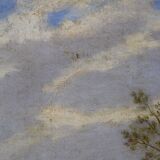 Old painting french pastoral school boat