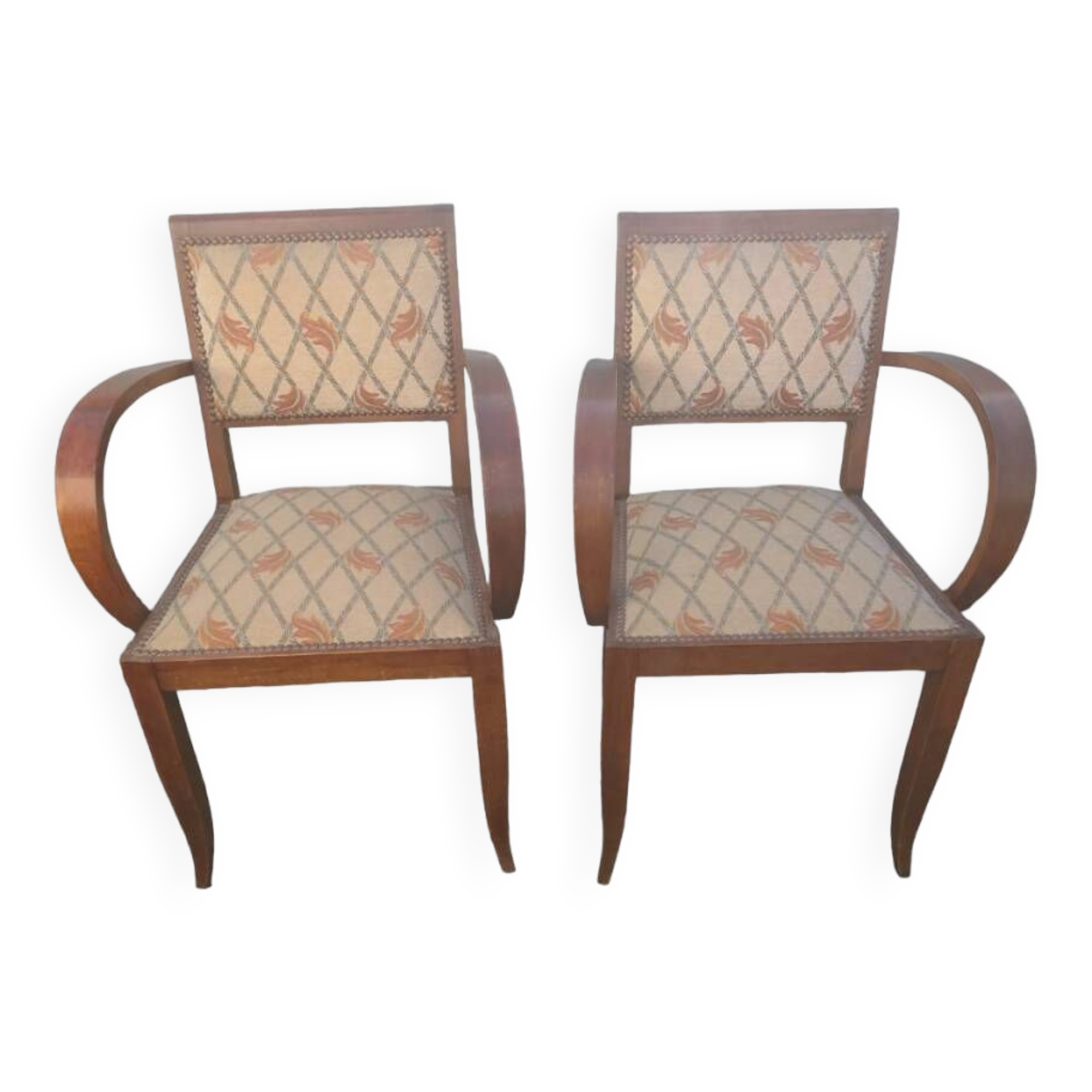Pair of bridge armchairs in wood and fabric, 1940