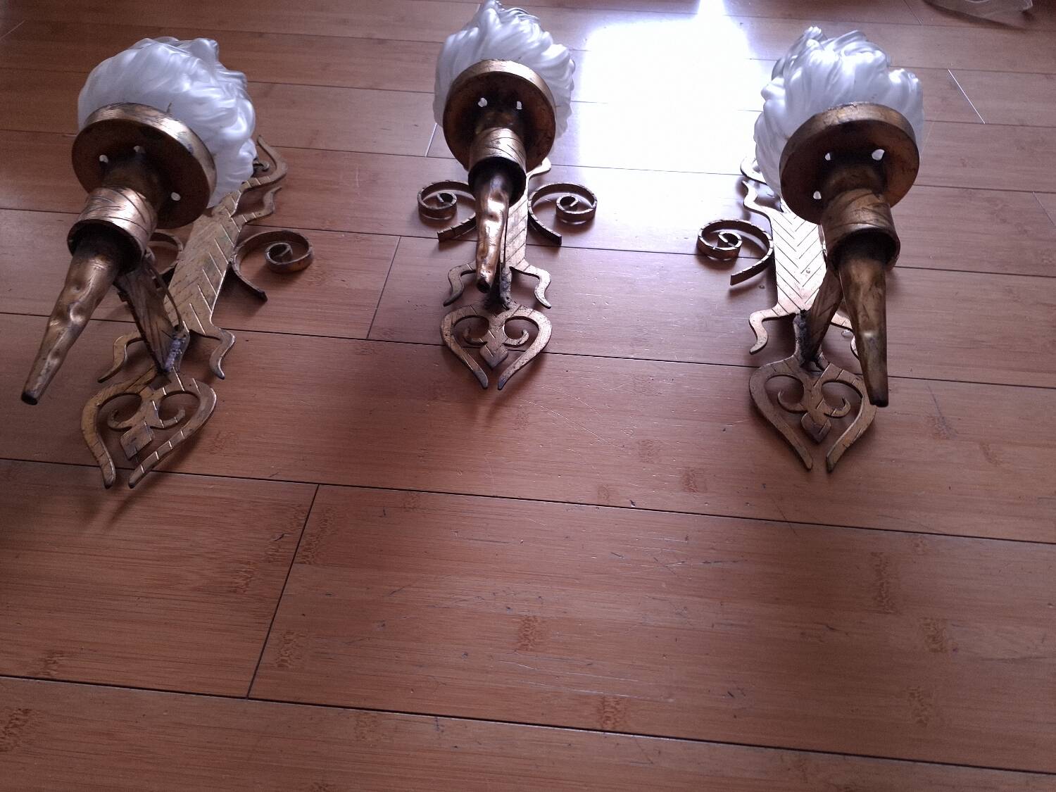 3 gold metal torchere wall lights