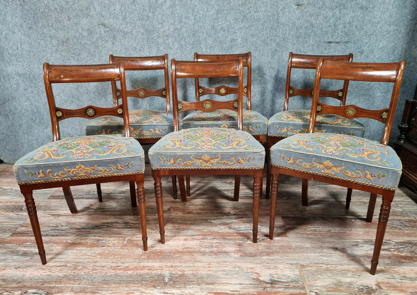 Series of 6 Napoleon III period chairs in mahogany and lemon fillets