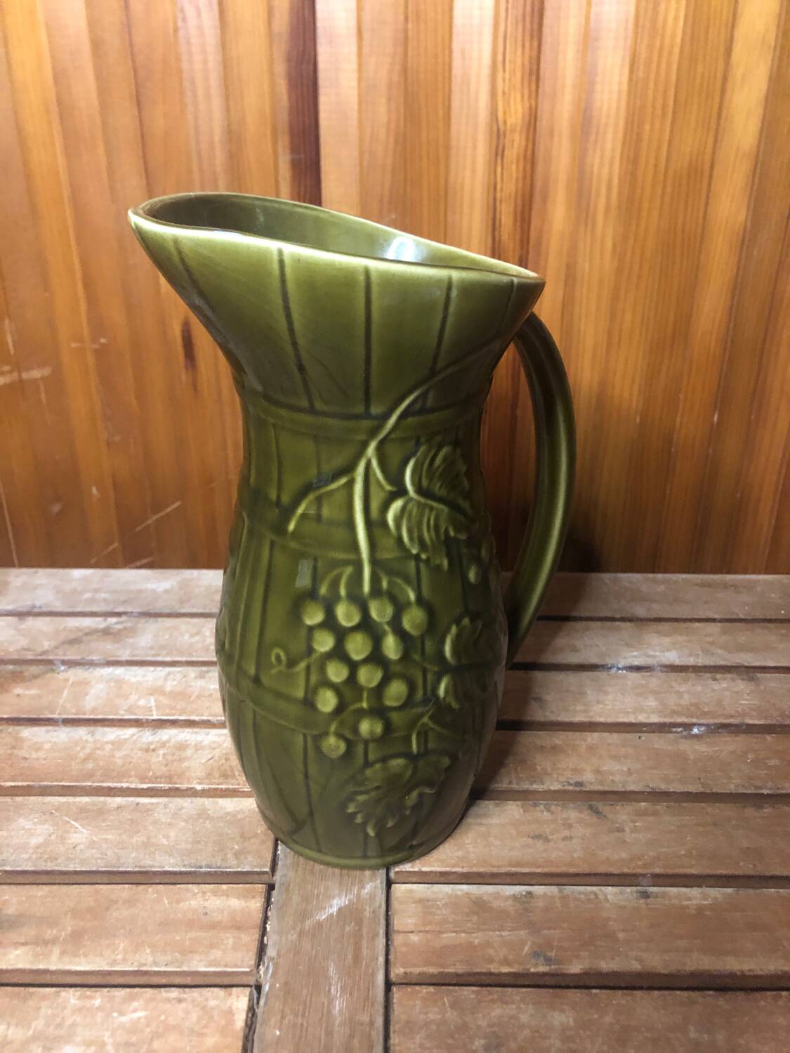 Old SARREGUEMINES Green Ceramic Pitcher Vintage Vines Decor