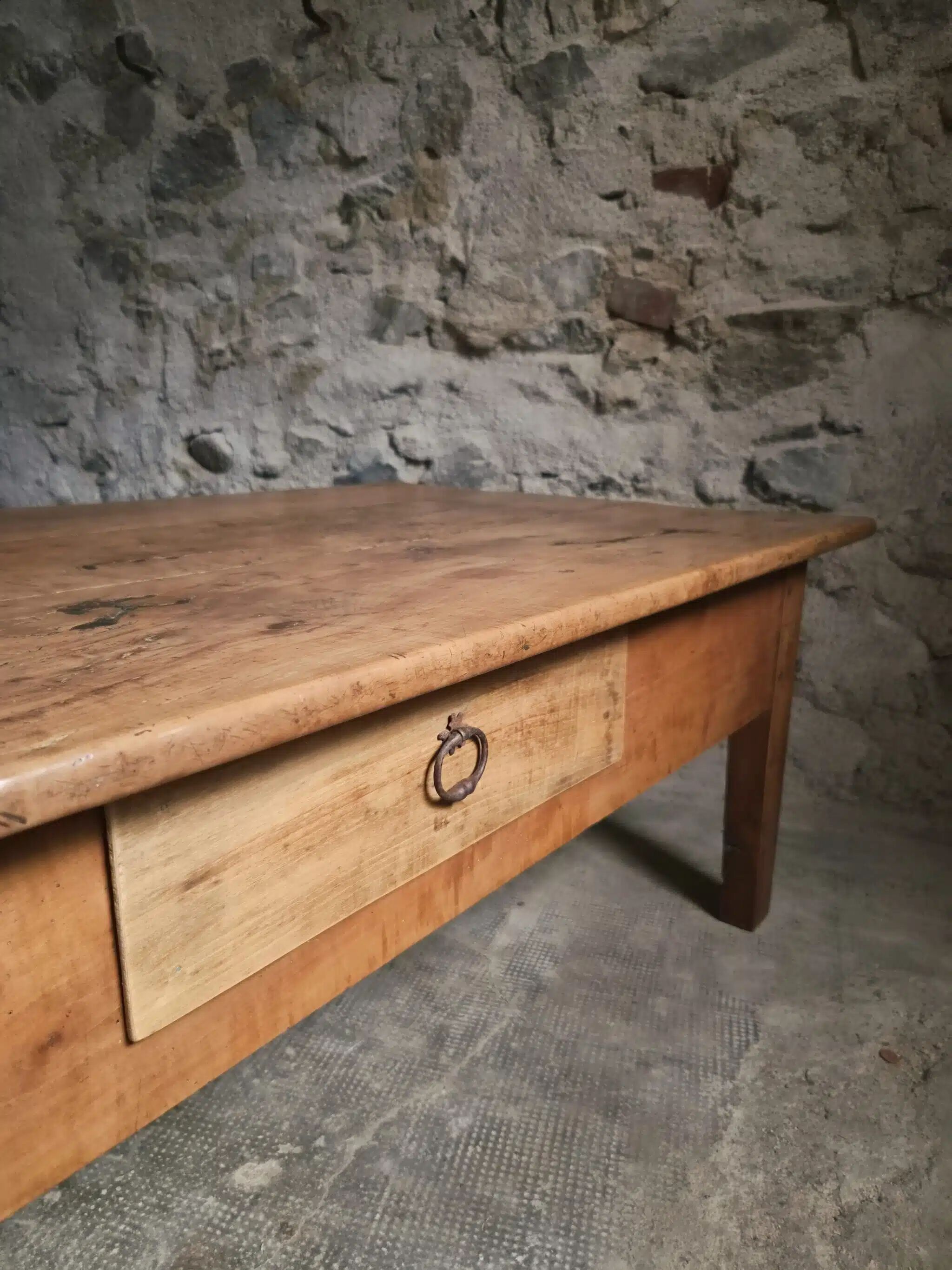 Antique cherry coffee table, rustic farmhouse table with drawer, circa 1750–1800.