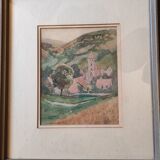 Vintage watercolour of a village in the mountains, signed Barclay