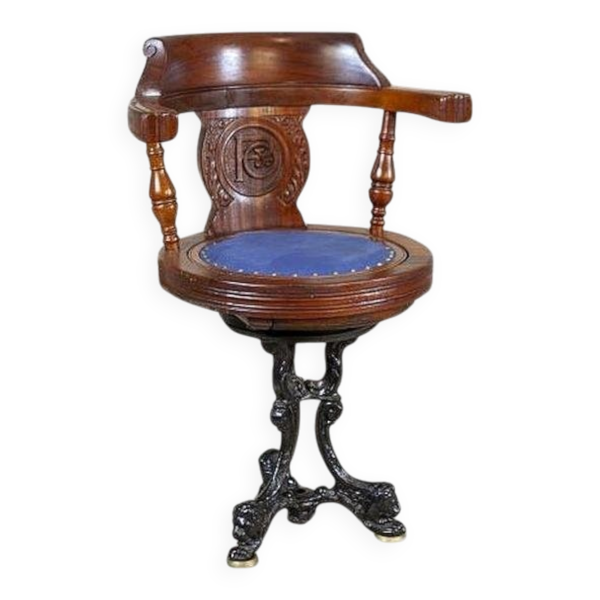 Fauteuil de capitaine en bois du début du 20e siècle avec assise douce, années 1930