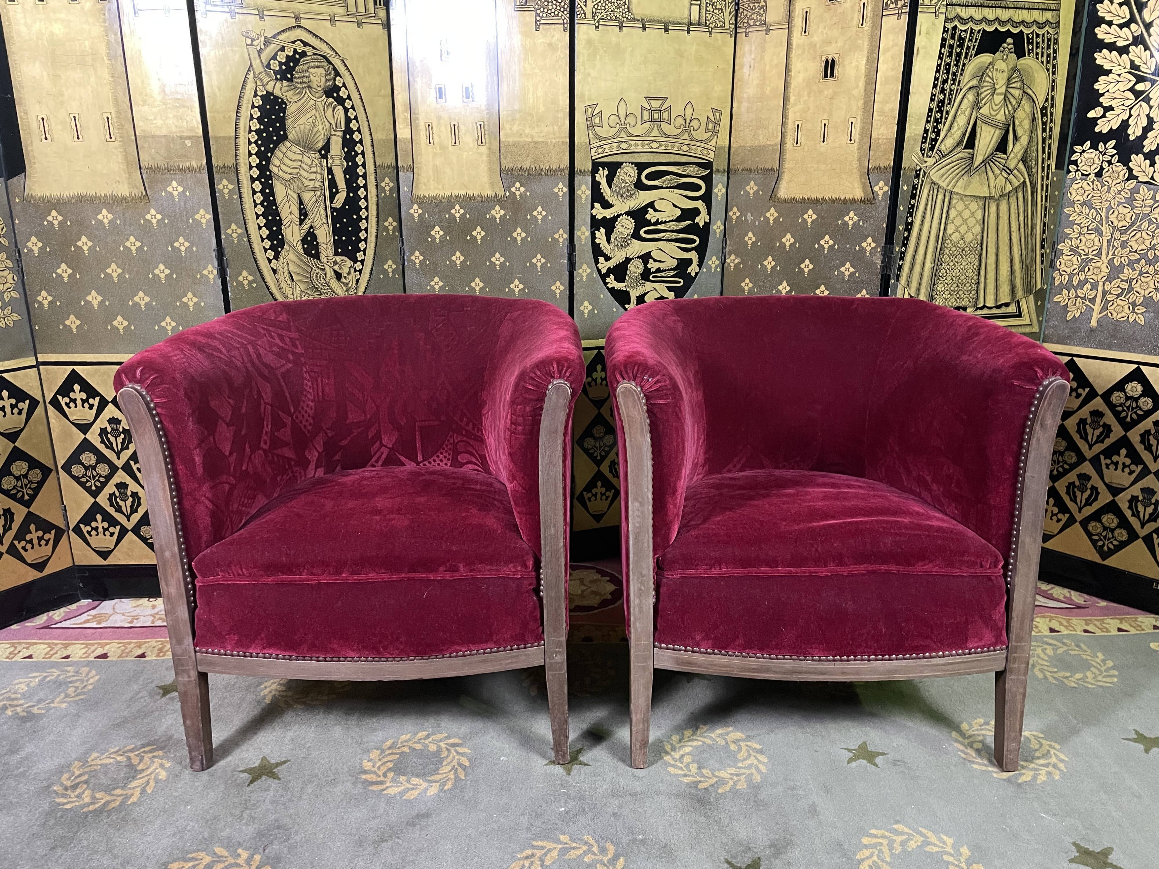 Pair of shepherdess armchairs art deco period red velvet