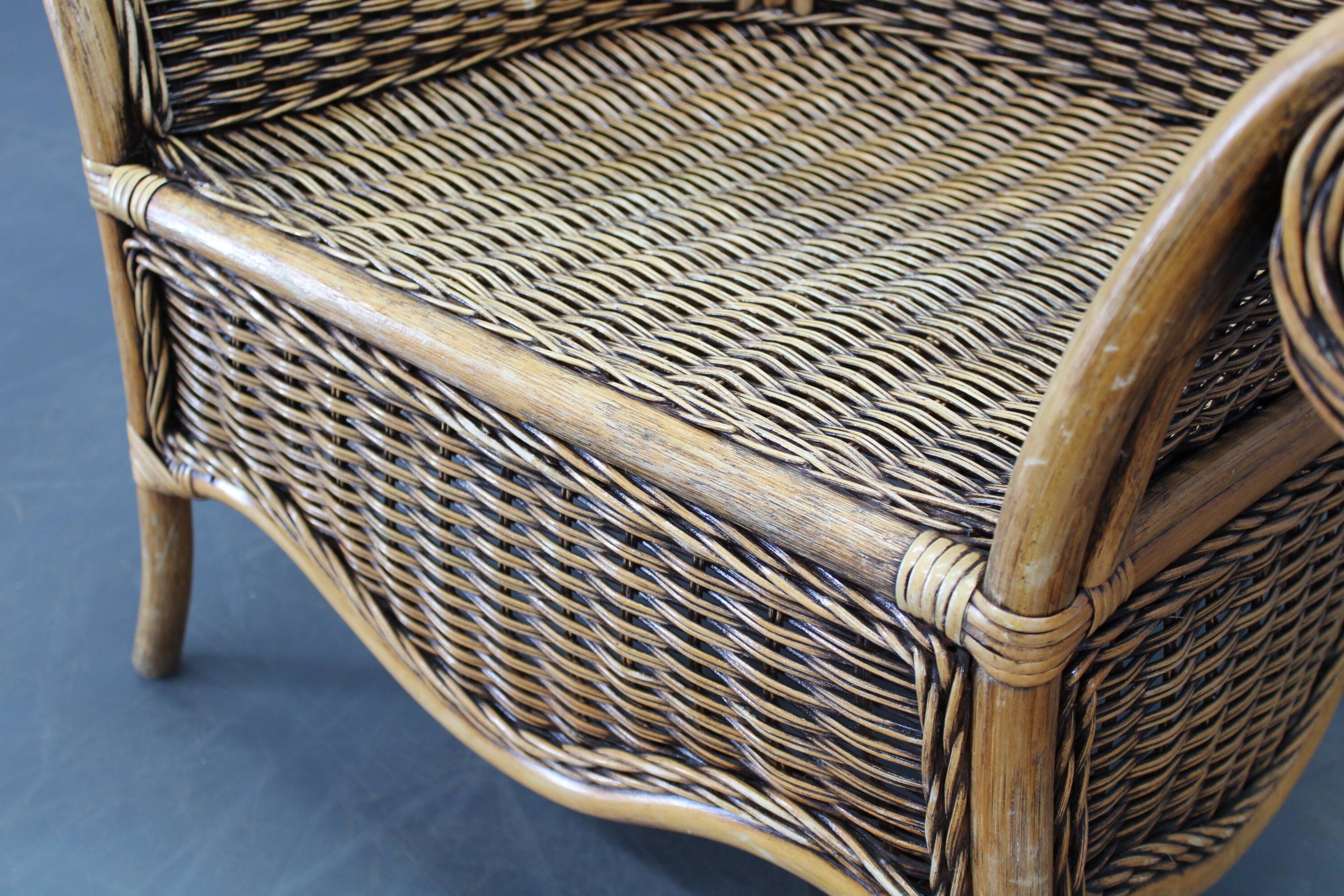 Vintage organic rattan armchair and round coffee table set, 1980s-1990s