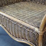 Vintage organic rattan armchair and round coffee table set, 1980s-1990s