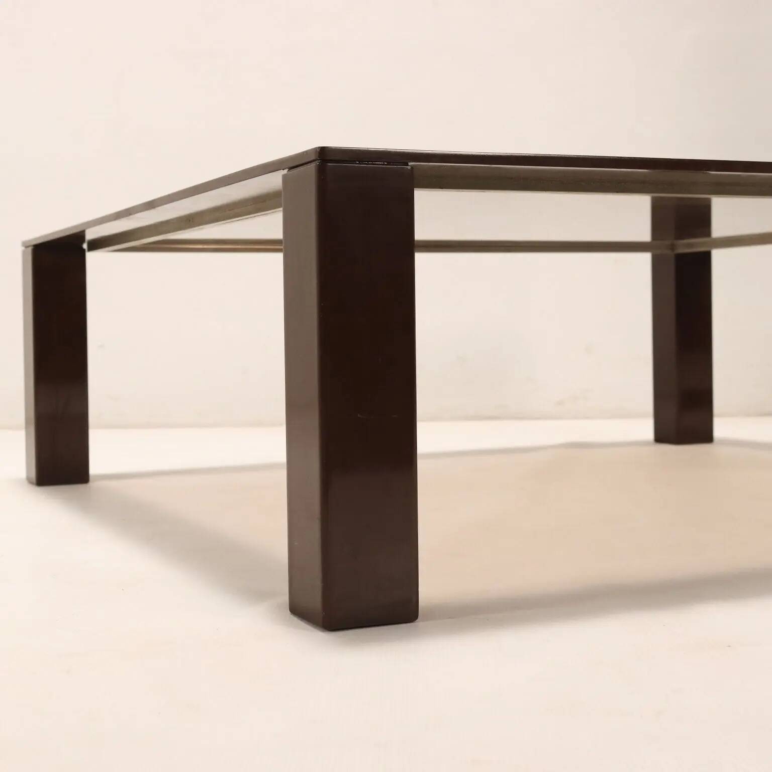 Vintage coffee table from the 1970s-80s in enamelled metal and smoked glass.