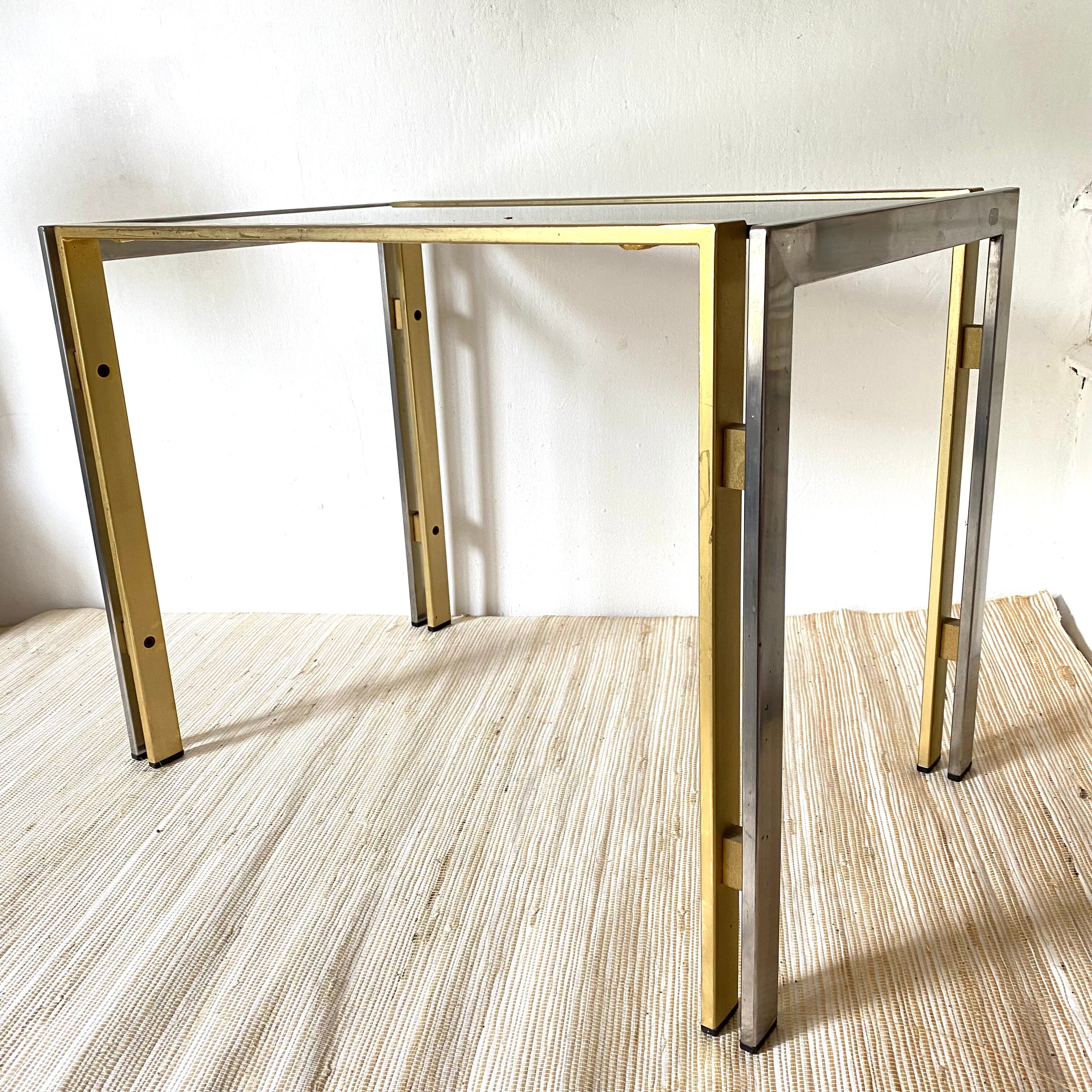 Side table, end of sofa in smoked glass and metal, 70s.