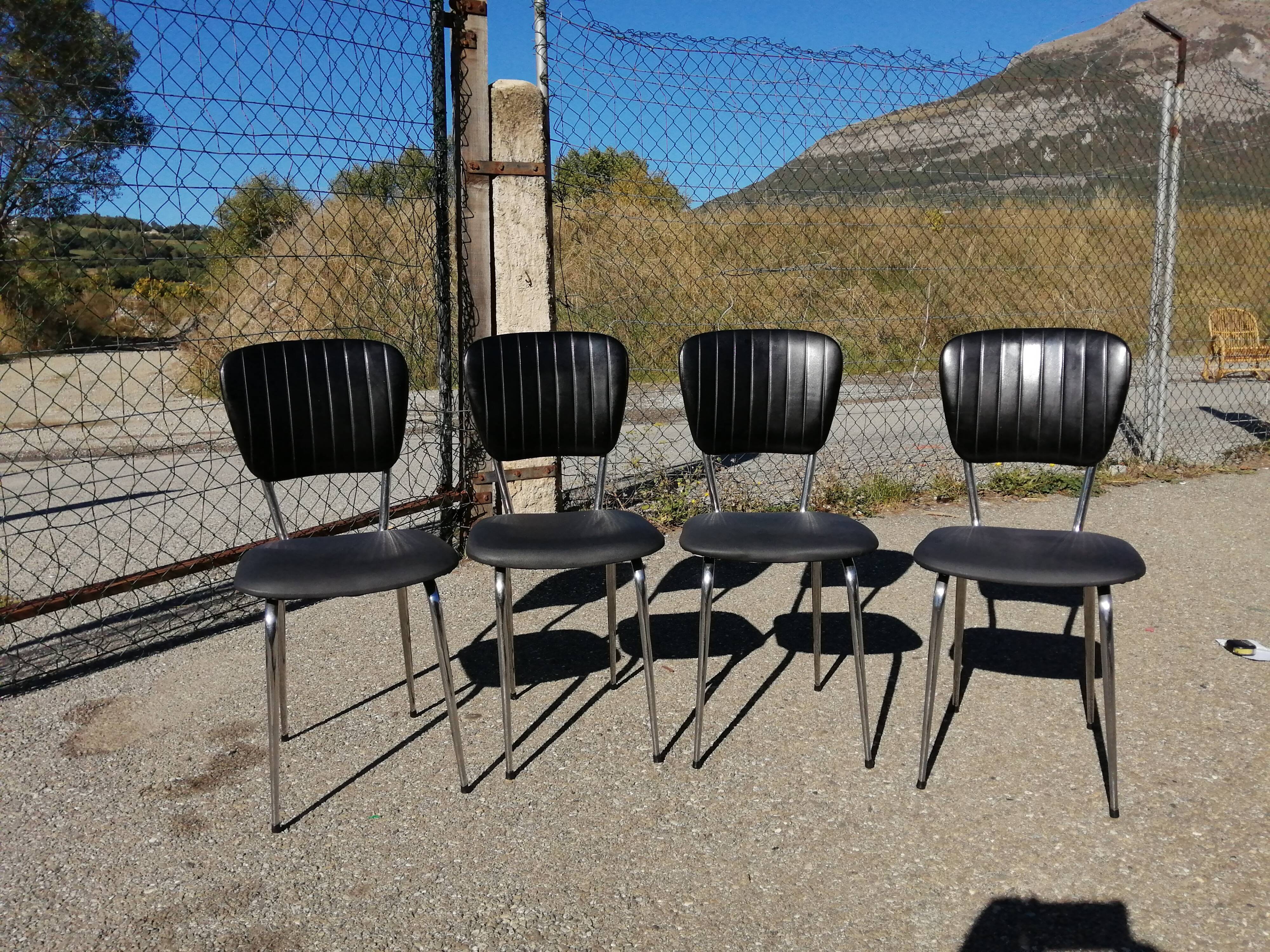 Series of 4 vintage black skai chairs - Vanac Aix
