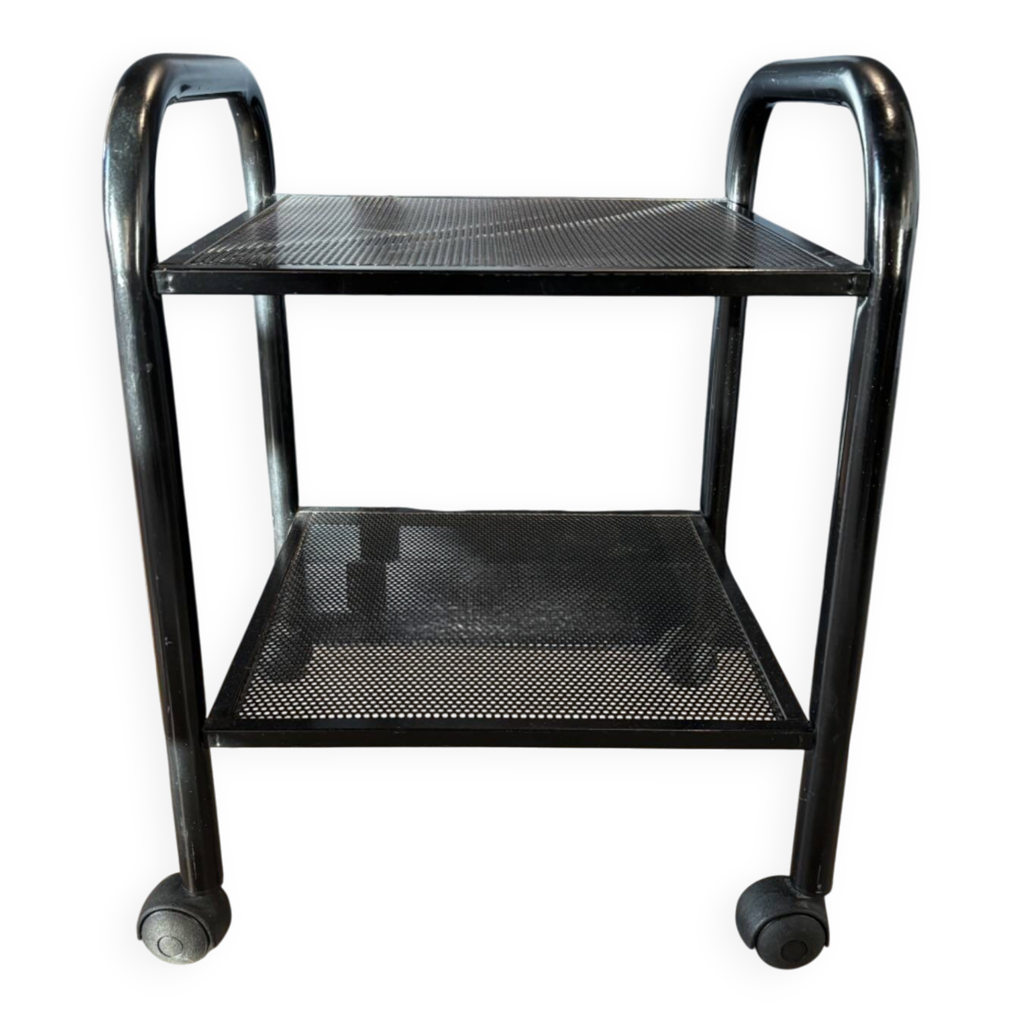 Vintage black metal rolling dessert trolley