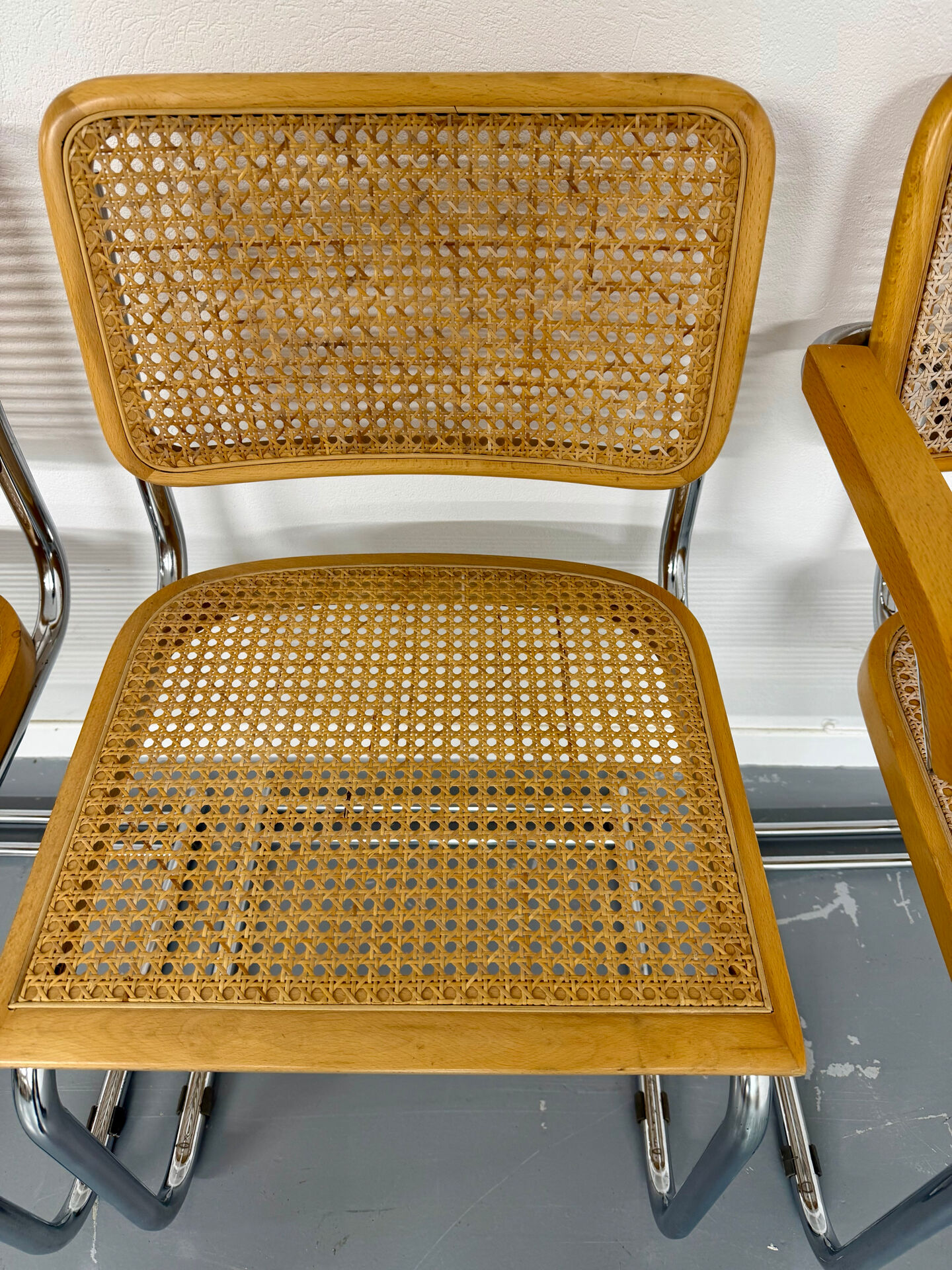 Set of 4 cane cantilever chairs and armchairs, Cesca, 1970s.