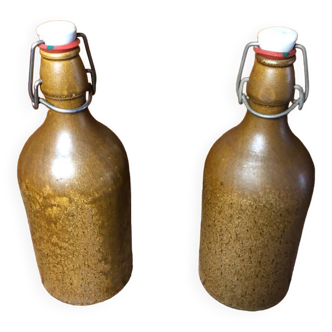 Pair of old beige stoneware bottle + porcelain stopper vintage kitchen