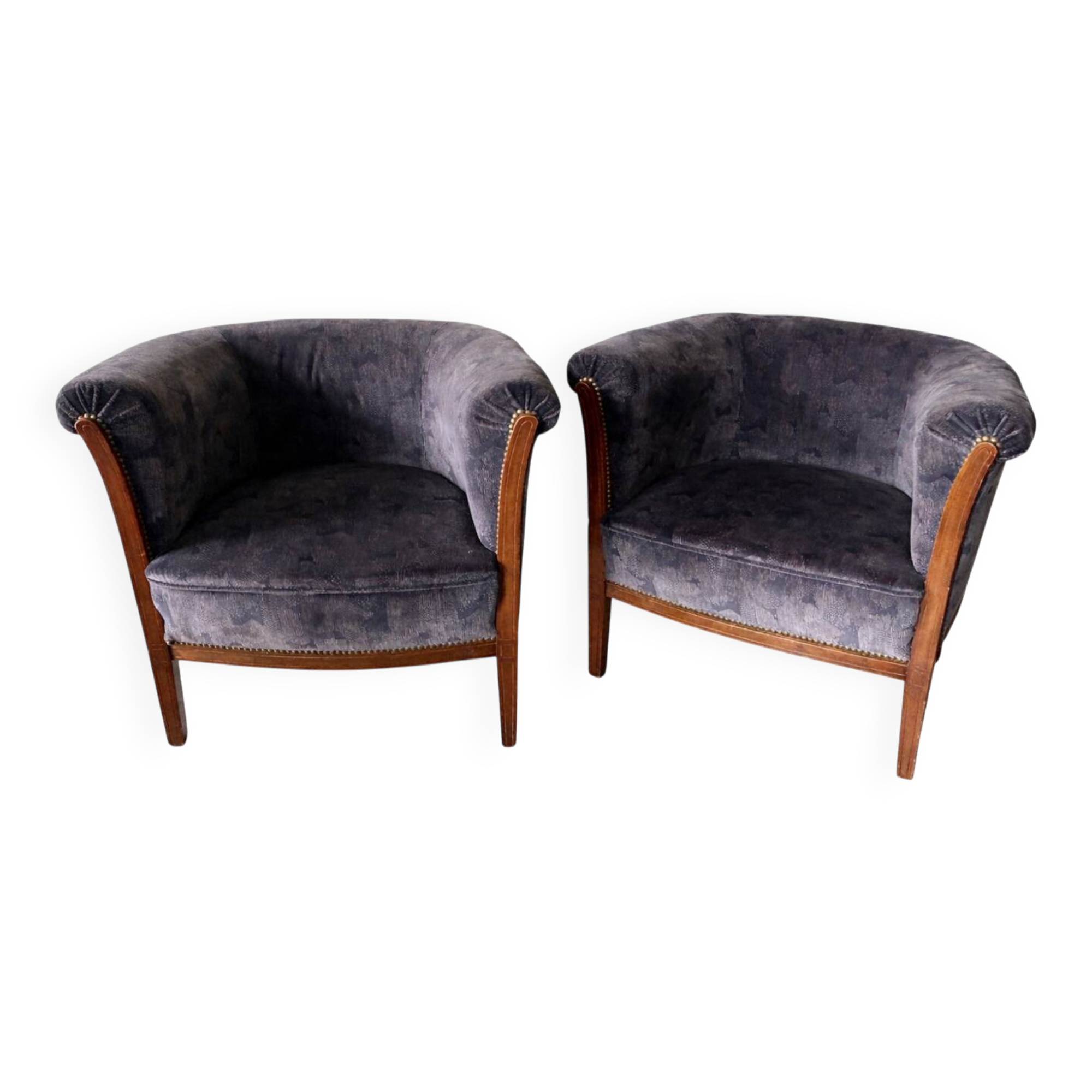 Pair of vintage barrel chairs in blue-grey velvet - 1950s/60s