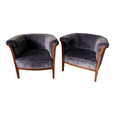 Paire de fauteuils tonneau vintage en velours bleu gris - année 50/60