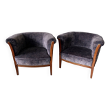Pair of vintage barrel chairs in blue-grey velvet - 1950s/60s