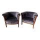 Paire de fauteuils tonneau vintage en velours bleu gris - année 50/60