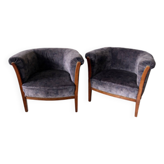 Pair of vintage barrel chairs in blue-grey velvet - 1950s/60s