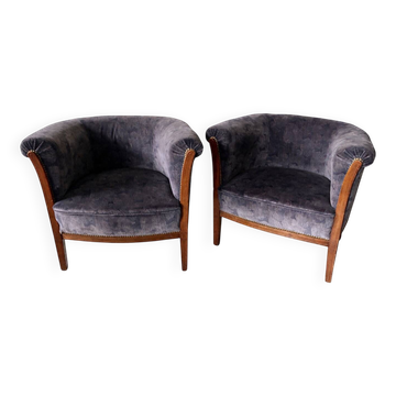 Paire de fauteuils tonneau vintage en velours bleu gris - année 50/60