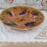 Grande coupe à fruits plat rond creux Sarreguemines en barbotine jaune décor fruits