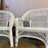 Salon de jardin en osier et rotin blanc