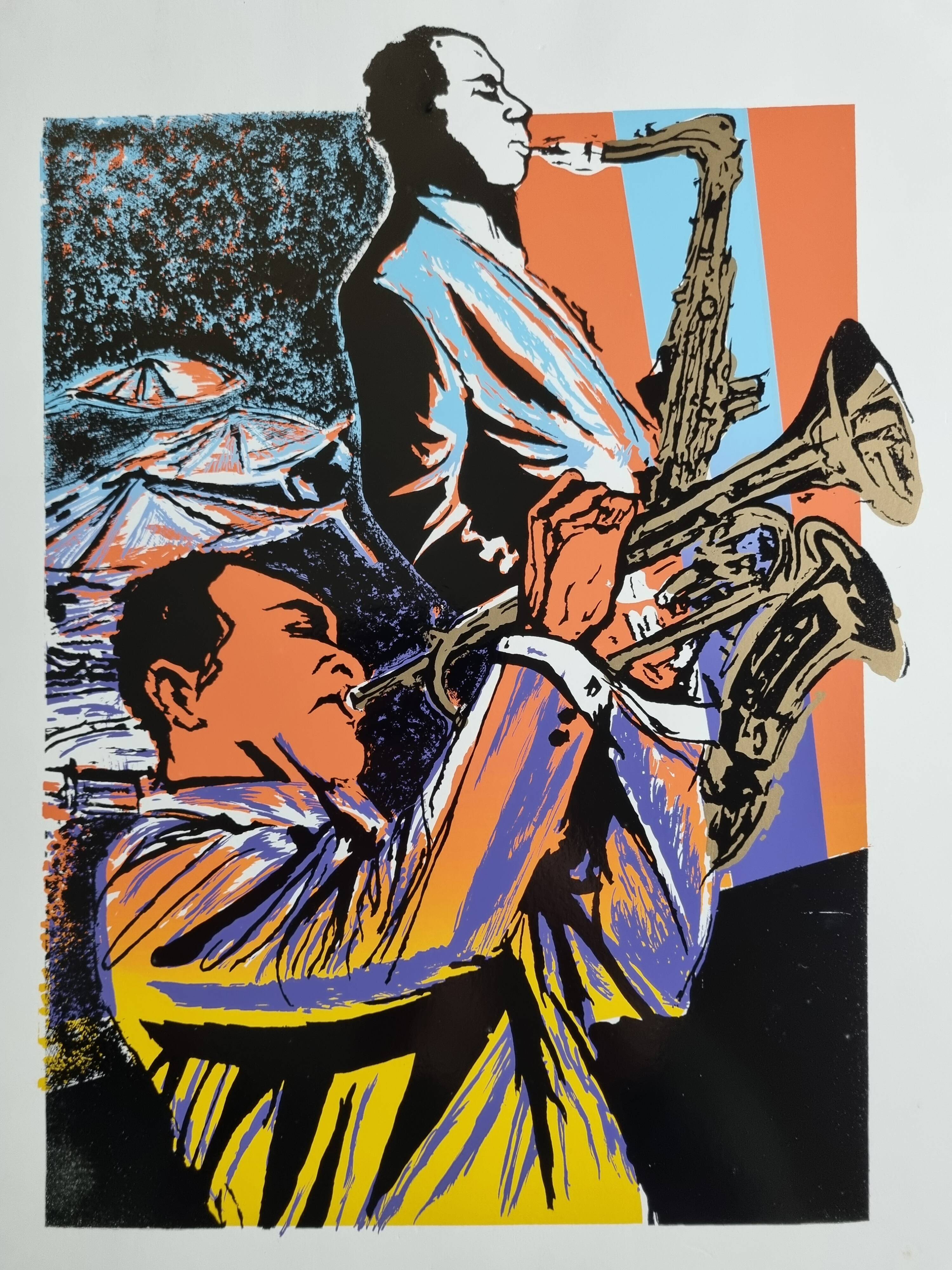 Jazz Screenprint - Musicians on Saxophone and Trumpet, Atelier Images, Paris (32 x 45 cm)
