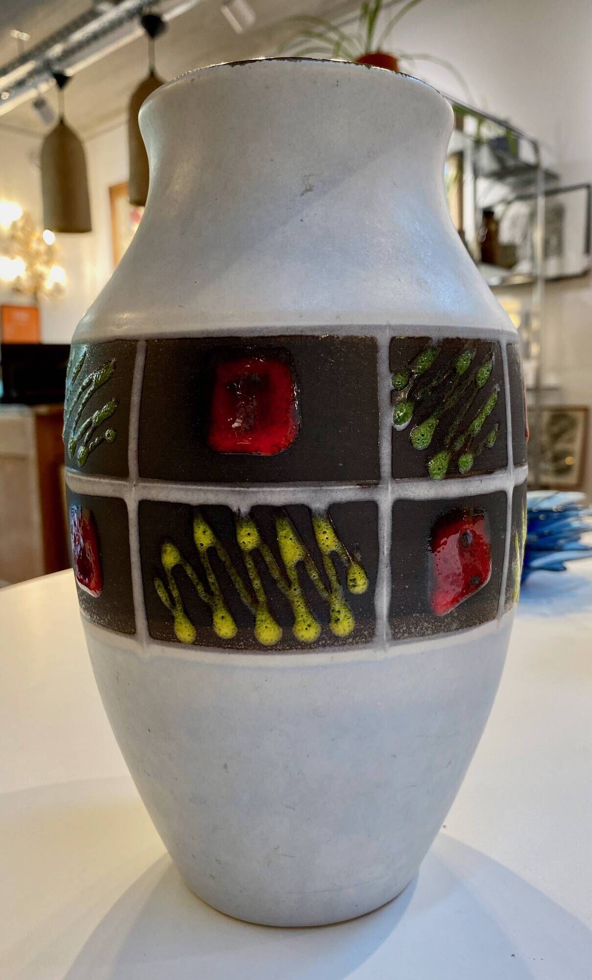 Vintage West Germany Vase – White Ceramic & Multicoloured Graphic Frieze