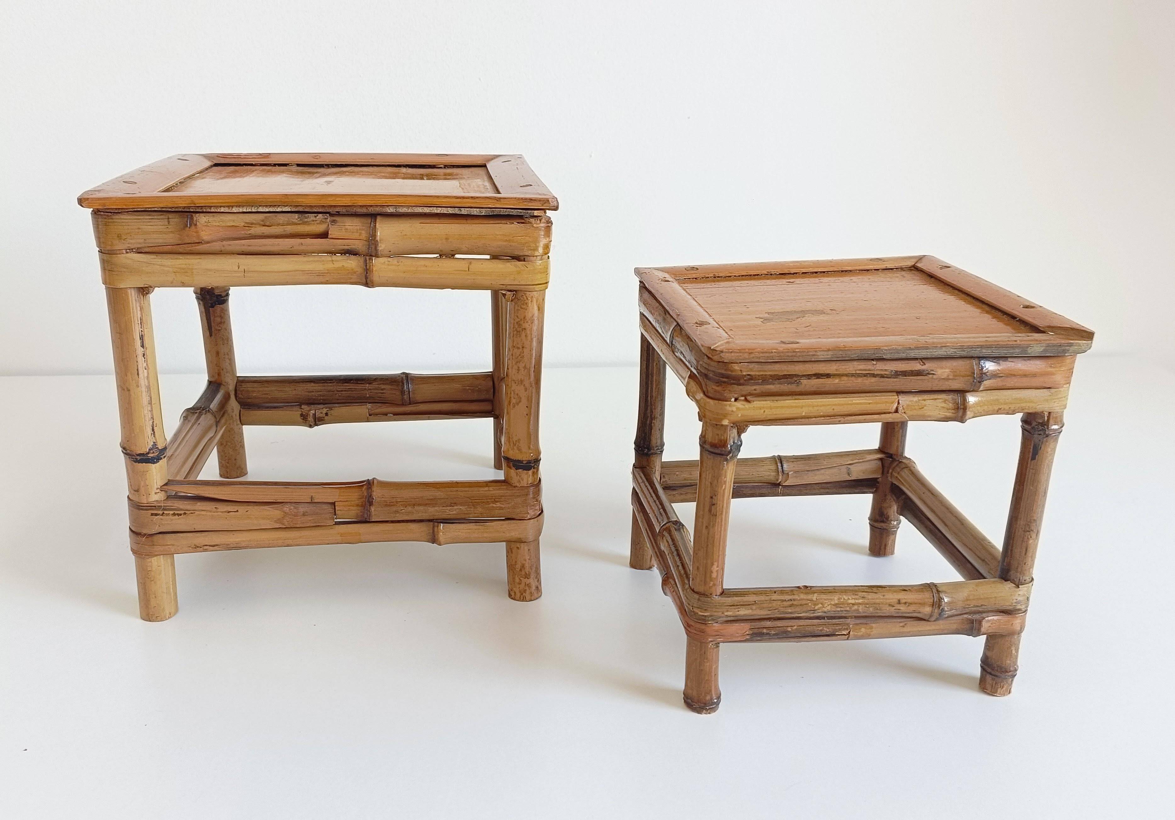 1950s Mid-Century French Bamboo and Wood Plant Pedestals, Hand-Crafted