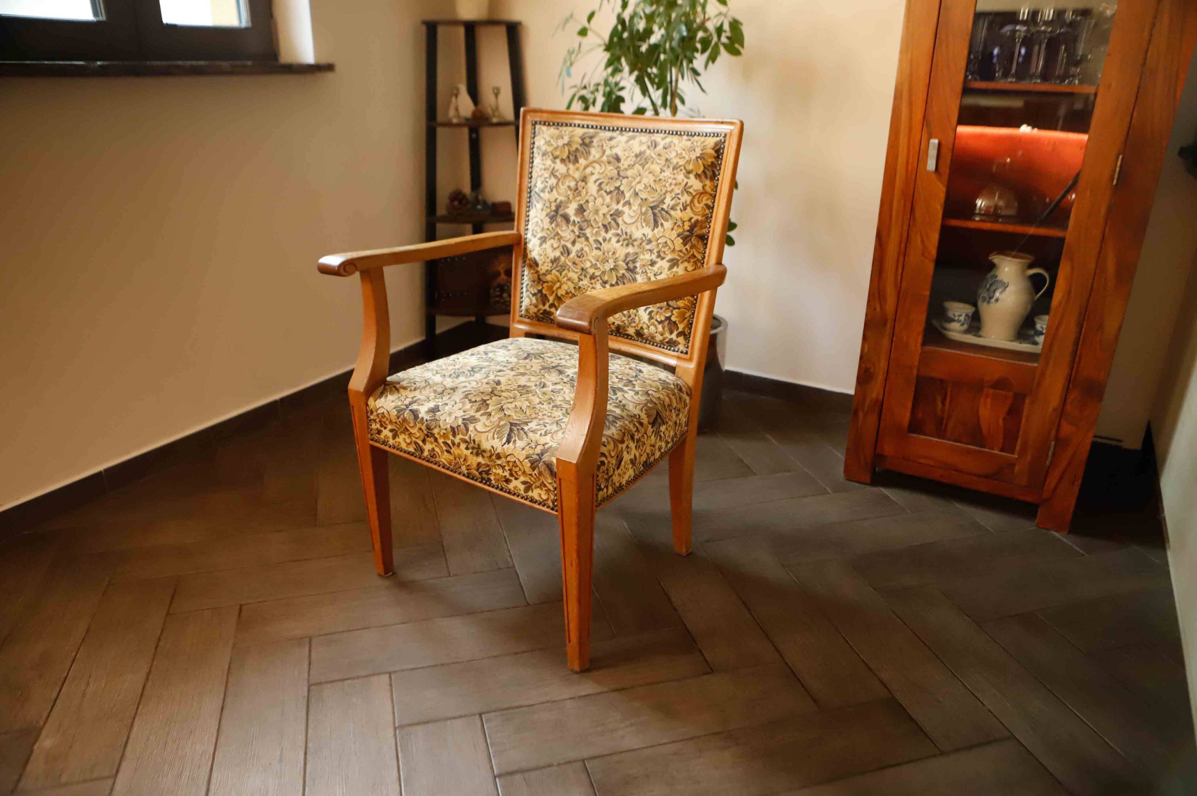 Vintage Salon Armchair with Floral Tapestry Upholstery and Scroll Armrests