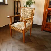 Vintage Salon Armchair with Floral Tapestry Upholstery and Scroll Armrests