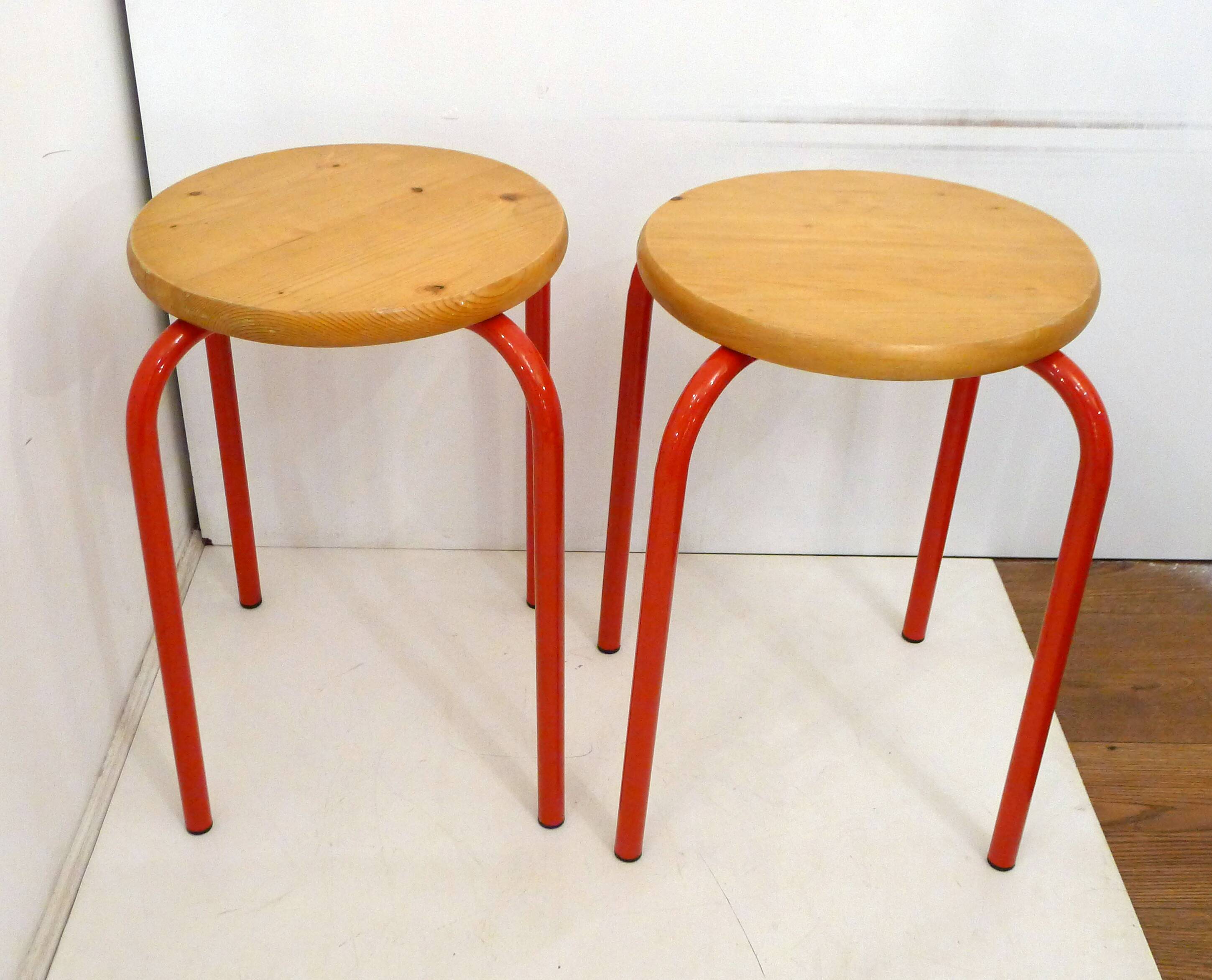 Pair of stools, red lacquered legs & wooden seat 1980s