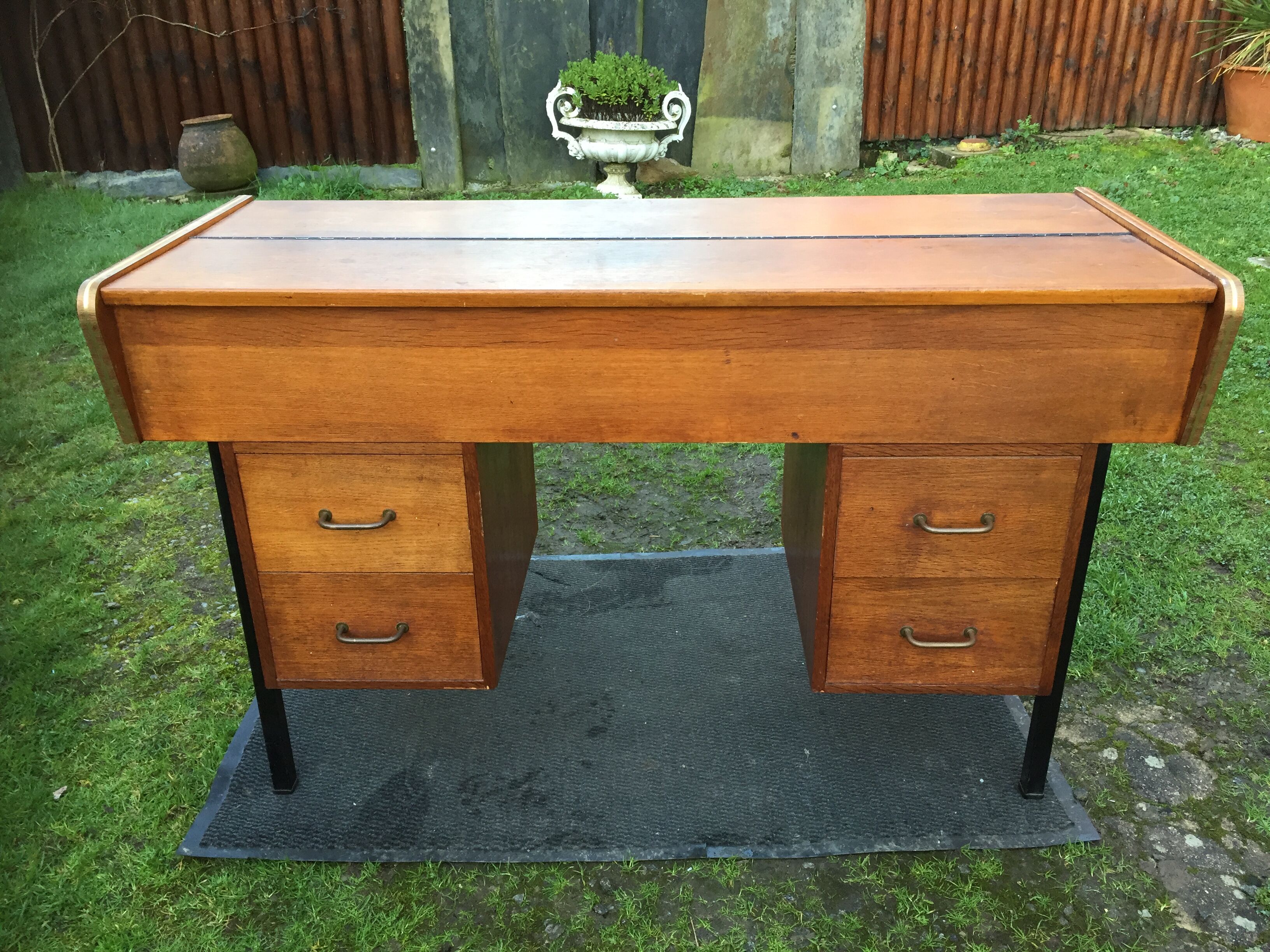 Vintage oak console desk table with square metal tube base (knitting machine)