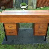 Table bureau console vintage en chêne à piétement en tube de métal carré (machine à tricoter)