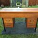Vintage oak console desk table with square metal tube base (knitting machine)
