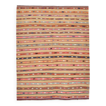 6x8 Khaki & Red Striped Pattern Vintage Kilim Rug, 183x239Cm