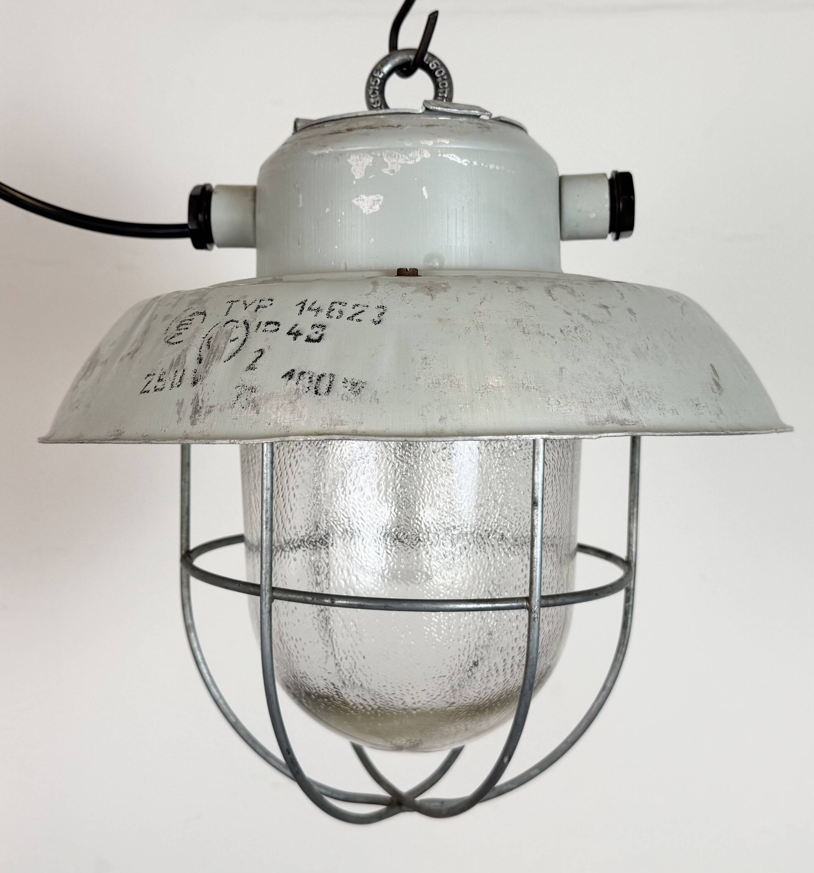 Grey Industrial Aluminium Cage Pendant Lamp with Frosted Glass, 1970s