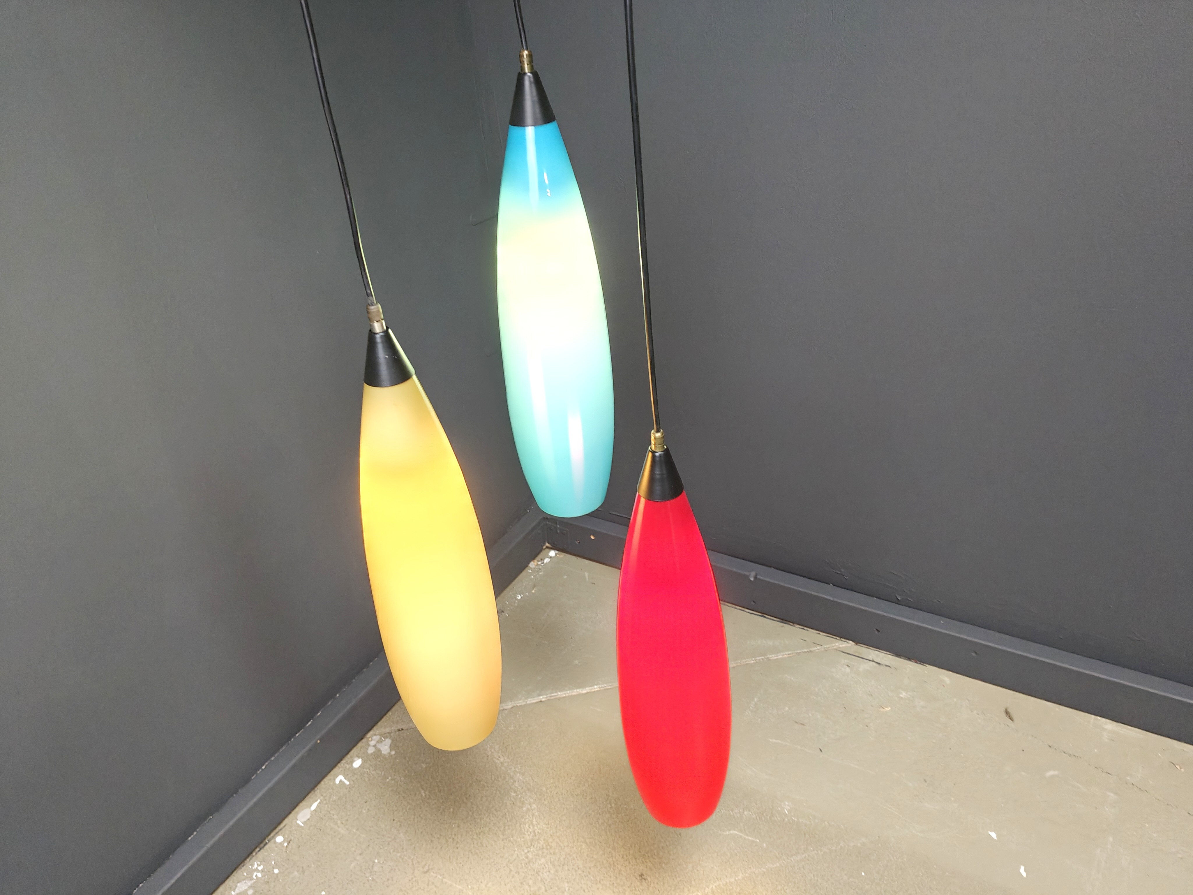 Vintage 3 glass pendant lights by Vistosi, 1970s