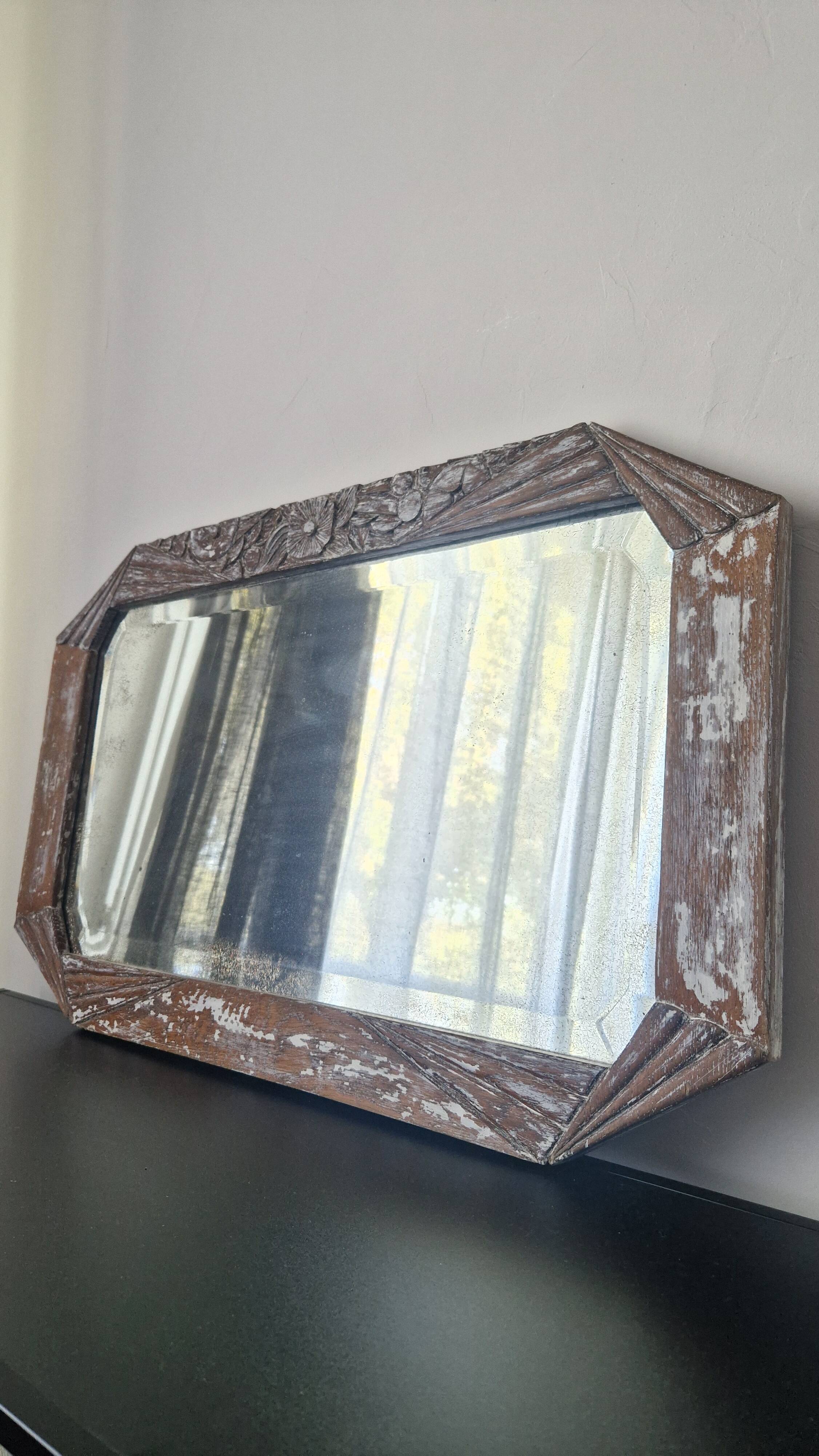 Vintage Art Deco carved wood mirror from the 1940s/50s