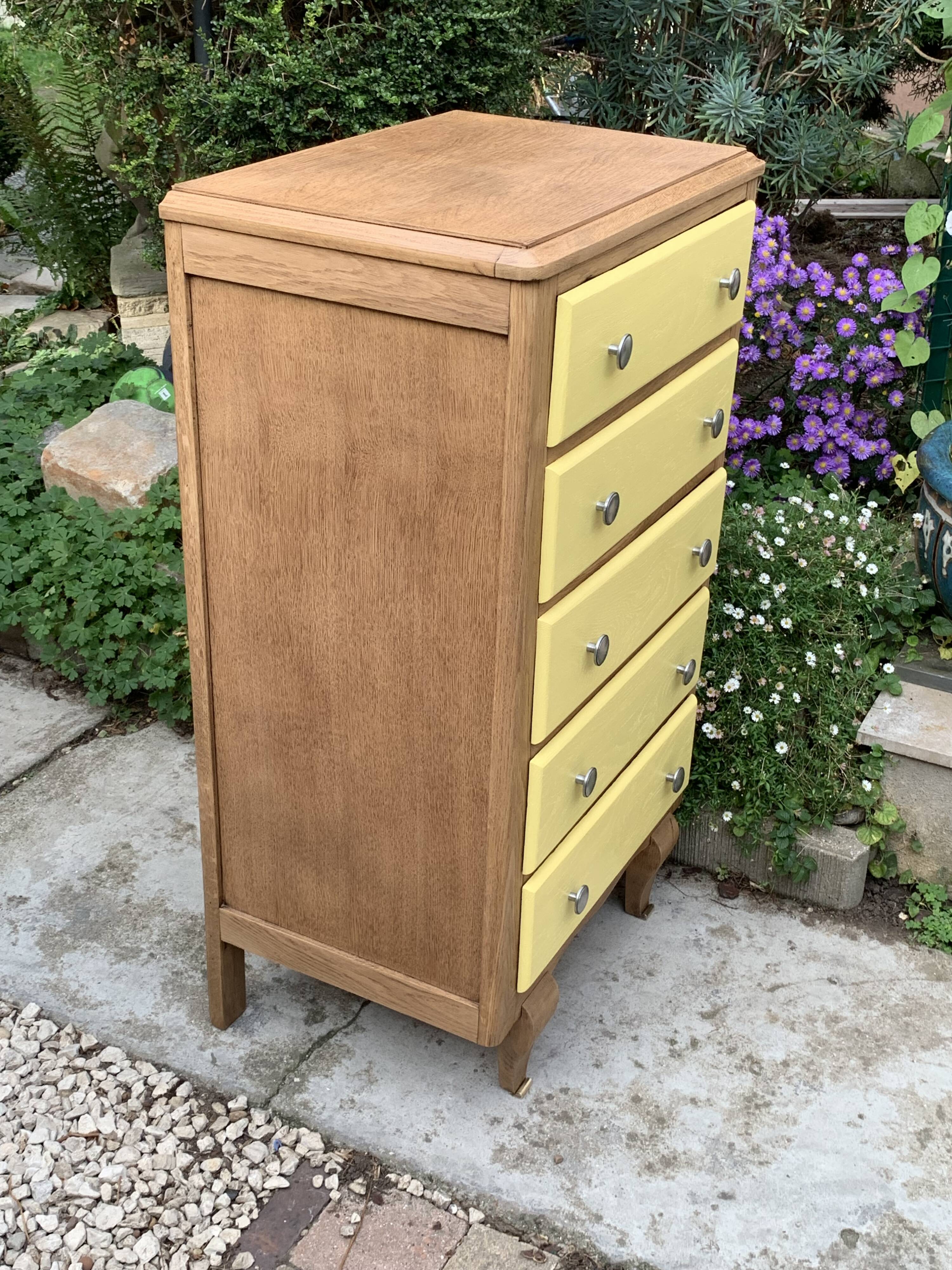 Art Deco chest of drawers in raw oak and yellow