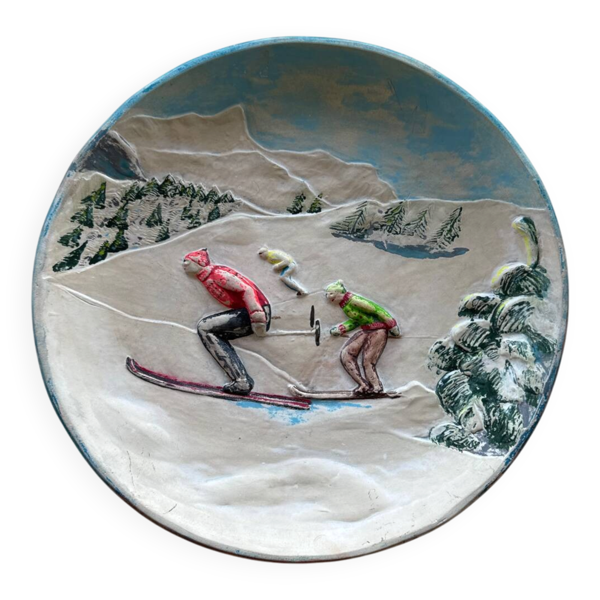 Decorative ceramic plate from Vallauris – Relief ski scene